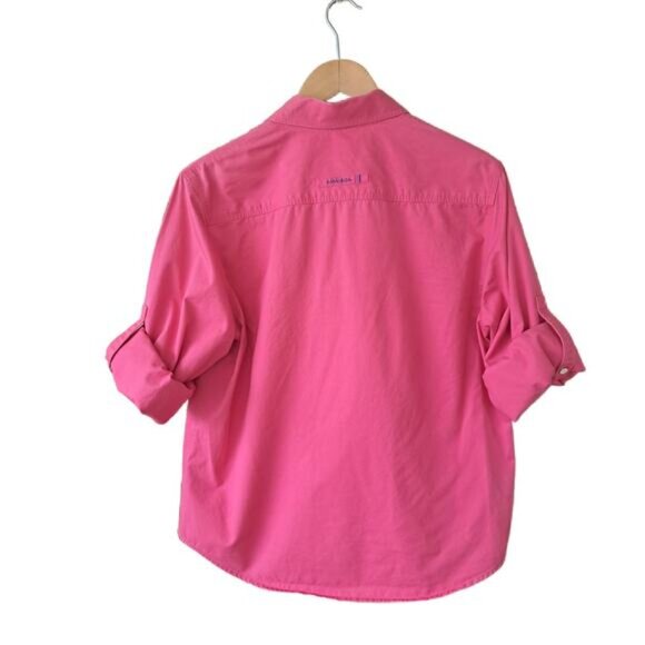 LAUREN Pink Button Down Camp Shirt Large Cotton Roll Tab Sleeve Pockets - Picture 9 of 11
